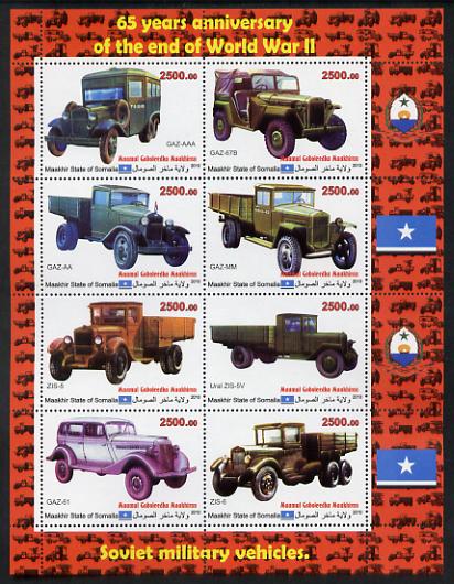 Maakhir State of Somalia 2010  65th Anniversary of the end of World War II #1 - Cars & Trucks imperf sheetlet containing 8 values unmounted mint , stamps on cars, stamps on trucks, stamps on  ww2 , stamps on transport