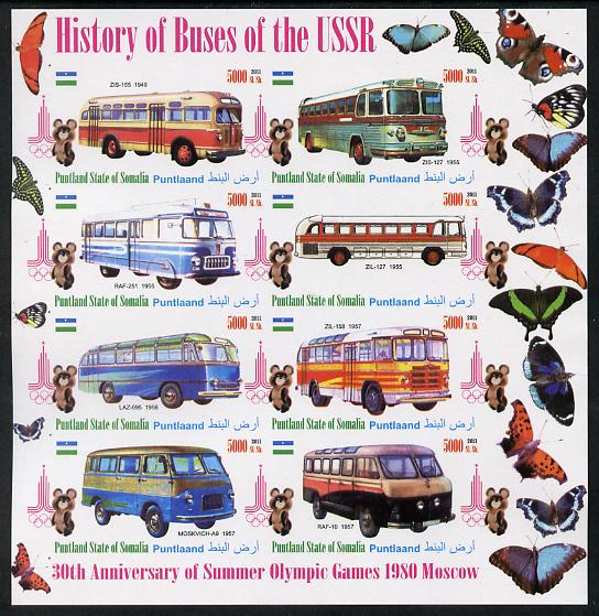 Puntland State of Somalia 2011 Buses of the USSR #2 imperf sheetlet containing 8 values (Butterflies & Mosco Olympic Logo in margin) unmounted mint, stamps on butterflies, stamps on olympics, stamps on buses, stamps on transport