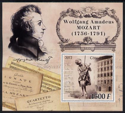 Ivory Coast 2012 Wolfgang Amadeus Mozart large perf s/sheet unmounted mint, stamps on personalities, stamps on mozart, stamps on music, stamps on composers, stamps on masonics, stamps on masonry