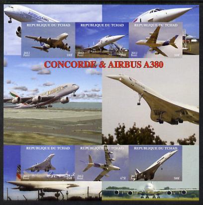 Chad 2012 Concorde & Airbus imperf sheetlet containing 6 values unmounted mint. Note this item is privately produced and is offered purely on its thematic appeal. , stamps on aviation, stamps on concorde, stamps on airbus