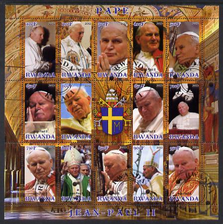 Rwanda 2012 Pope John Paul II #2 perf sheetlet containing 15 (14 values plus label) cto used, stamps on personalities, stamps on pope, stamps on popes, stamps on religion