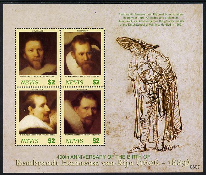 Nevis 2006 Rembrandt 400th Birth Anniversary perf sheetlet containing 4 values unmounted mint, stamps on arts, stamps on rembrandt