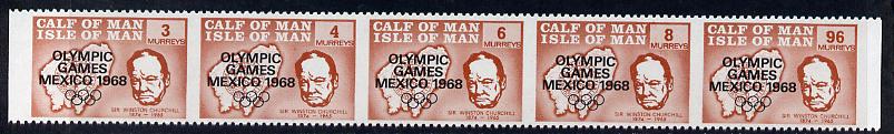 Calf of Man 1968 Olympic Games Mexico overprinted on Churchill strip set of 5 in brown with vertical perfs omitted, unmounted mint as Rosen CA123-27, stamps on churchill, stamps on personalities, stamps on maps, stamps on sport, stamps on olympics