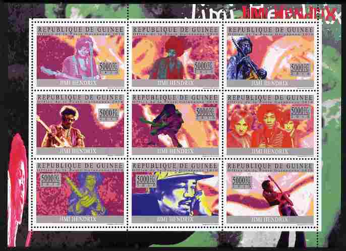 Guinea - Conakry 2010 Jimi Hendrix perf sheetlet containing 9 values unmounted mint, stamps on , stamps on  stamps on music, stamps on  stamps on hendrix, stamps on  stamps on pops, stamps on  stamps on rock, stamps on  stamps on 