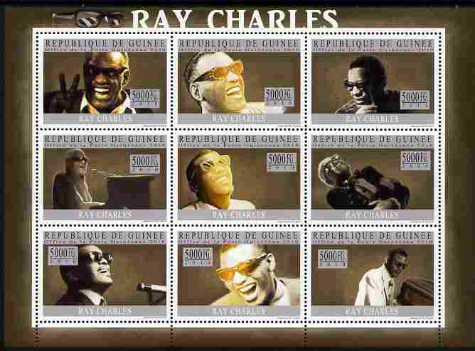 Guinea - Conakry 2010 Ray Charles perf sheetlet containing 9 values unmounted mint, stamps on music, stamps on hendrix, stamps on pops, stamps on rock, stamps on blind, stamps on disabled