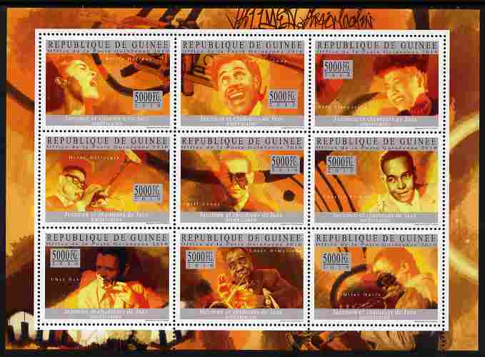 Guinea - Conakry 2010 Jazz Personalities perf sheetlet containing 9 values unmounted mint, stamps on music, stamps on musical instruments, stamps on jazz, stamps on personalities, stamps on ella, stamps on 