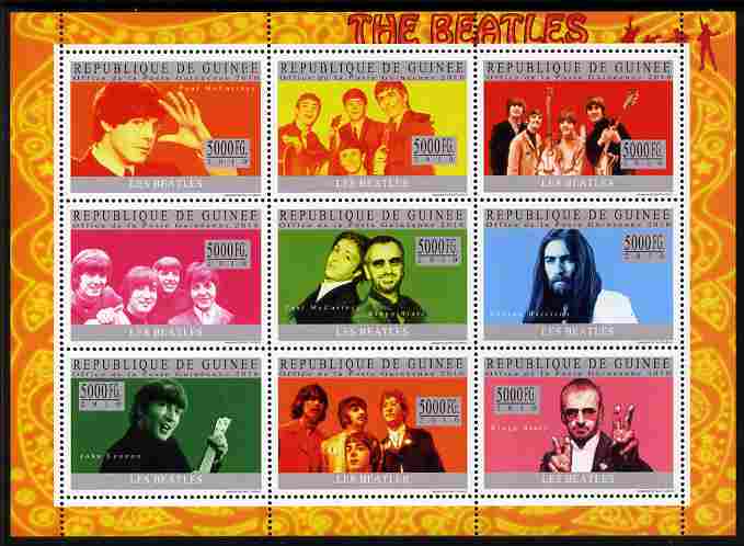 Guinea - Conakry 2010 The Beatles perf sheetlet containing 9 values unmounted mint, stamps on personalities, stamps on beatles, stamps on pops, stamps on music, stamps on rock
