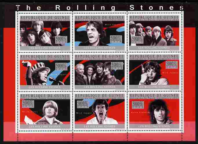 Guinea - Conakry 2010 The Rolling Stones perf sheetlet containing 9 values unmounted mint, stamps on personalities, stamps on stones, stamps on pops, stamps on music, stamps on rock