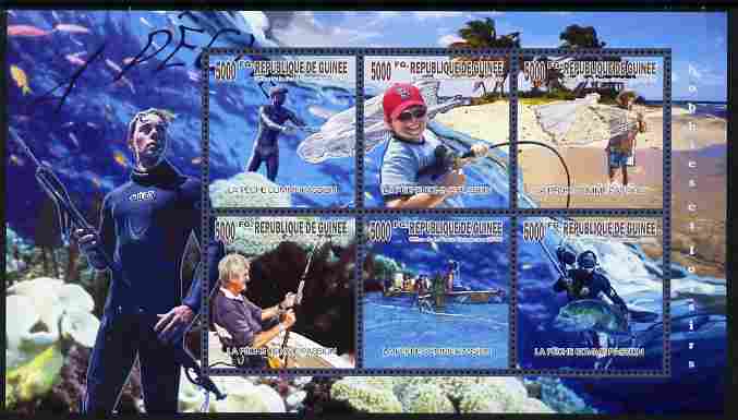 Guinea - Conakry 2010 Fishing perf sheetlet containing 6 values unmounted mint, stamps on sport, stamps on fishing, stamps on fish, stamps on scuba