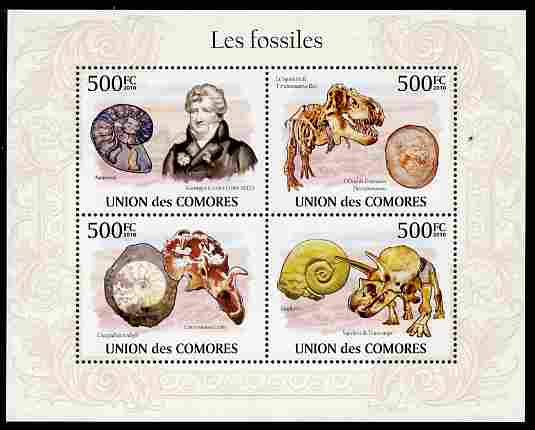 Comoro Islands 2010 Fossils perf sheetlet containing 4 values unmounted mint, stamps on fossils, stamps on dinosaurs