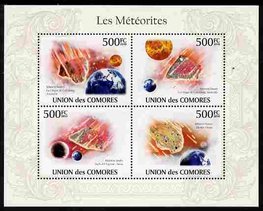 Comoro Islands 2010 Meteorites perf sheetlet containing 4 values unmounted mint, stamps on minerals, stamps on astrology, stamps on space, stamps on astronomy