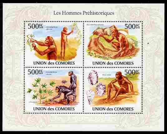 Comoro Islands 2010 Prehistoric Man perf sheetlet containing 4 values unmounted mint, stamps on , stamps on  stamps on dinosaurs, stamps on  stamps on minerals