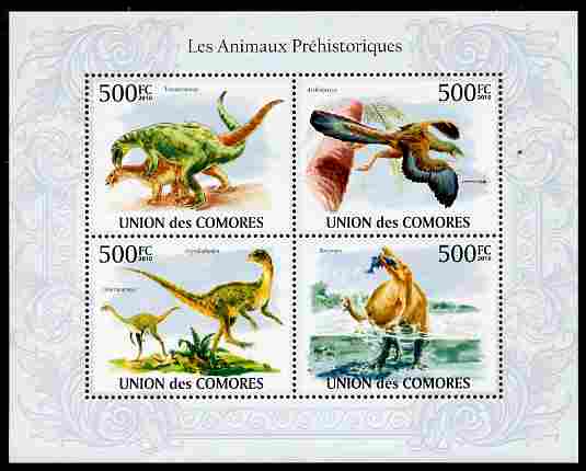 Comoro Islands 2010 Prehistoric Animals perf sheetlet containing 4 values unmounted mint, stamps on dinosaurs, stamps on 