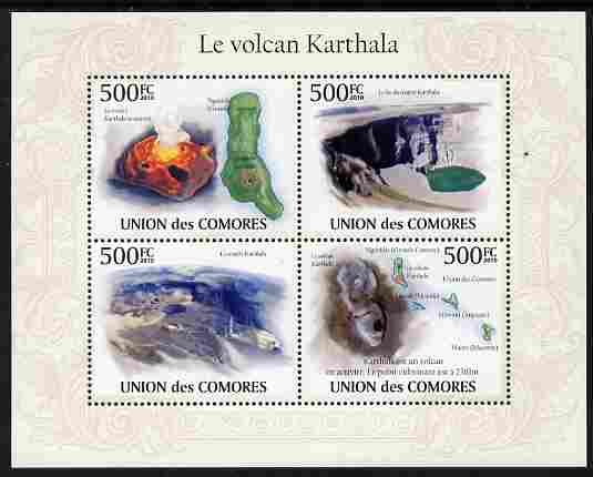 Comoro Islands 2010 Karthala Volcano perf sheetlet containing 4 values unmounted mint, stamps on volcanoes, stamps on maps