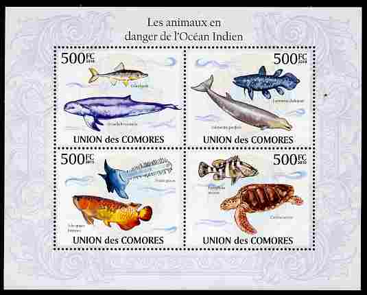 Comoro Islands 2010 Endangered Animals of the Indian Ocean perf sheetlet containing 4 values unmounted mint, stamps on animals, stamps on  wwf , stamps on fish, stamps on whales, stamps on turtles