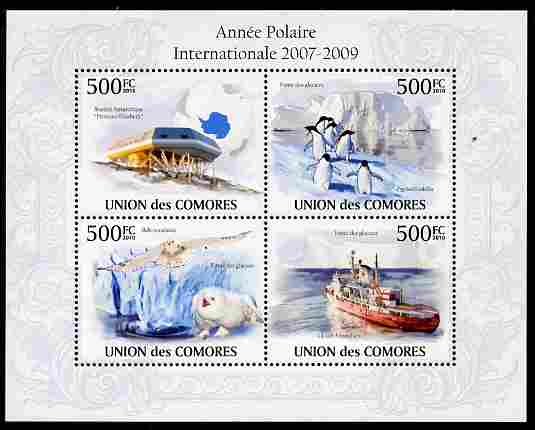 Comoro Islands 2010 International Polar Year perf sheetlet containing 4 values unmounted mint, stamps on animals, stamps on polar, stamps on penguins, stamps on birds, stamps on ships, stamps on maps