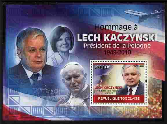 Togo 2010 Tribute to Lech Kaczynski (president of Poland) perf m/sheet unmounted mint, stamps on personalities, stamps on constitutions, stamps on pope, stamps on aviation