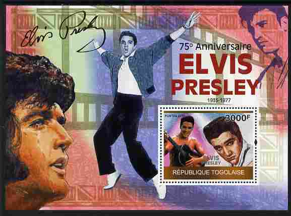 Togo 2010 75th Birth Anniversary of Elvis Presley perf m/sheet unmounted mint, stamps on personalities, stamps on elvis, stamps on music, stamps on films, stamps on cinema, stamps on movies, stamps on pops, stamps on rock