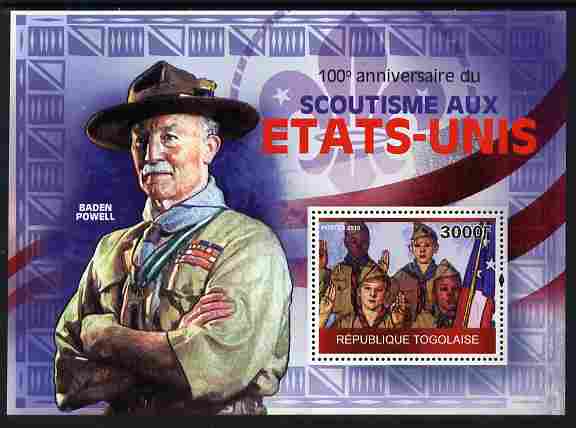 Togo 2010 Centenary of Scouting in United States perf m/sheet unmounted mint, stamps on scouts, stamps on americana, stamps on 