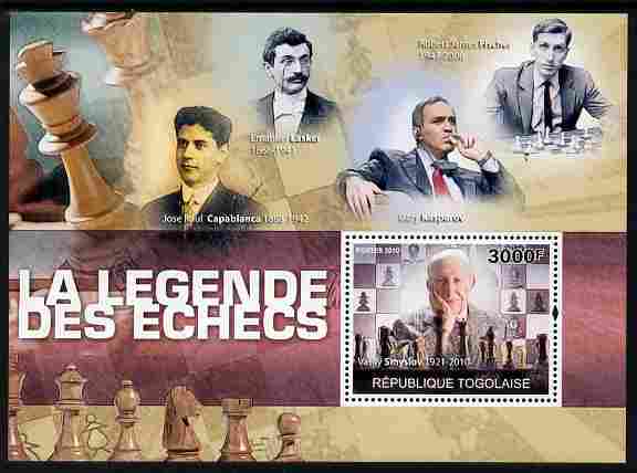 Togo 2010 Legends of Chess perf m/sheet unmounted mint, stamps on personalities, stamps on chess