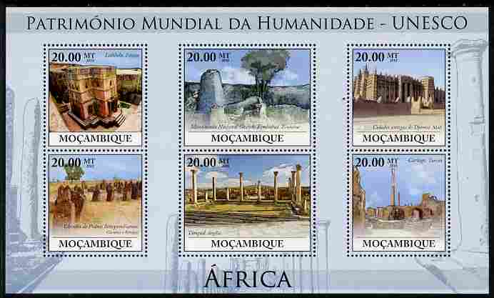 Mozambique 2010 UNESCO World Heritage Sites - Africa #1 perf sheetlet containing 6 values unmounted mint, stamps on tourism, stamps on unesco, stamps on heritage, stamps on buildings, stamps on 