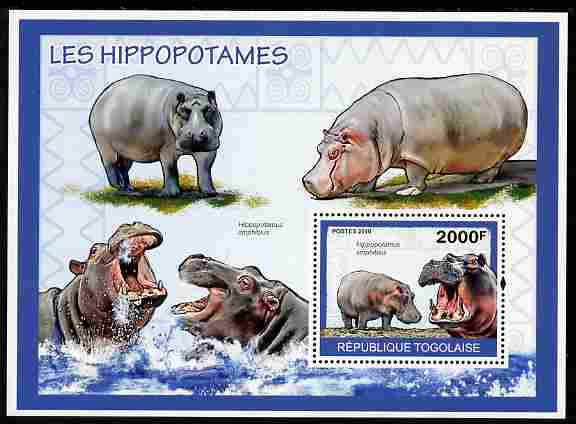 Togo 2010 Hippos perf m/sheet unmounted mint , stamps on animals, stamps on hippos