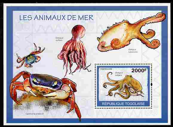 Togo 2010 Sea Life perf m/sheet unmounted mint , stamps on animals, stamps on marine life, stamps on crabs, stamps on octopus