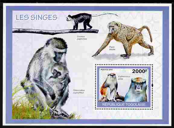 Togo 2010 Monkeys perf m/sheet unmounted mint , stamps on animals, stamps on apes