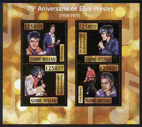 Guinea - Bissau 2010 75th Birth Anniversary of Elvis Presley perf sheetlet containing 4 values (gold background) unmounted mint , stamps on personalities, stamps on elvis, stamps on music, stamps on films, stamps on cinema, stamps on movies, stamps on pops, stamps on rock