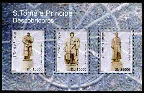 St Thomas & Prince Islands 2010 Statues of Discoverers perf sheetlet containing 6 values unmounted mint , stamps on statues