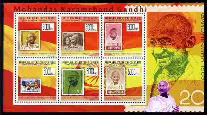 Guinea - Conakry 2009 Stamp on Stamp - Gandhi perf sheetlet containing 6 values unmounted mint , stamps on stamponstamp, stamps on stamp on stamp, stamps on personalities, stamps on constitutions, stamps on gandhi