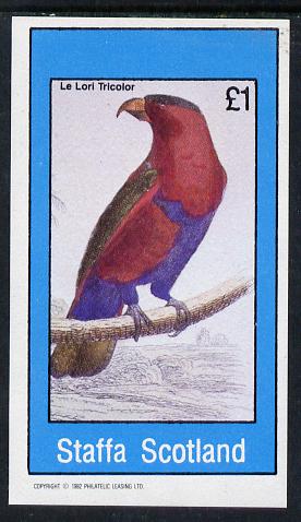 Staffa 1982 Birds #18 (Parrot) imperf souvenir sheet (Â£1 value) unmounted mint, stamps on birds   parrots