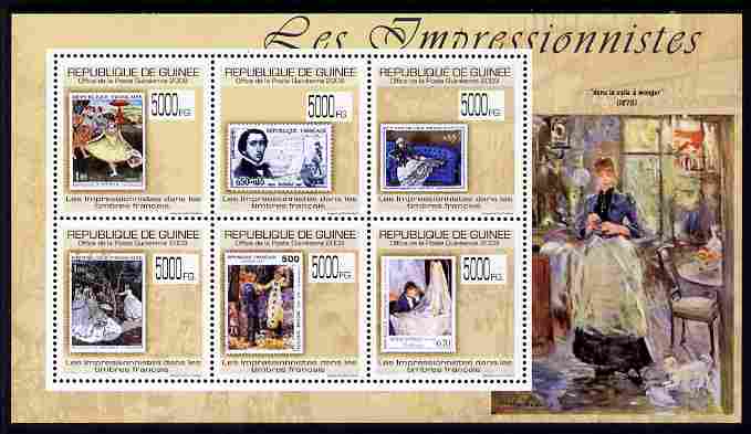 Guinea - Conakry 2009 Stamp on Stamp - The Impressionists perf sheetlet containing 6 values unmounted mint , stamps on stamponstamp, stamps on stamp on stamp, stamps on personalities, stamps on arts, stamps on degas, stamps on manet, stamps on monet, stamps on renoir, stamps on morisot