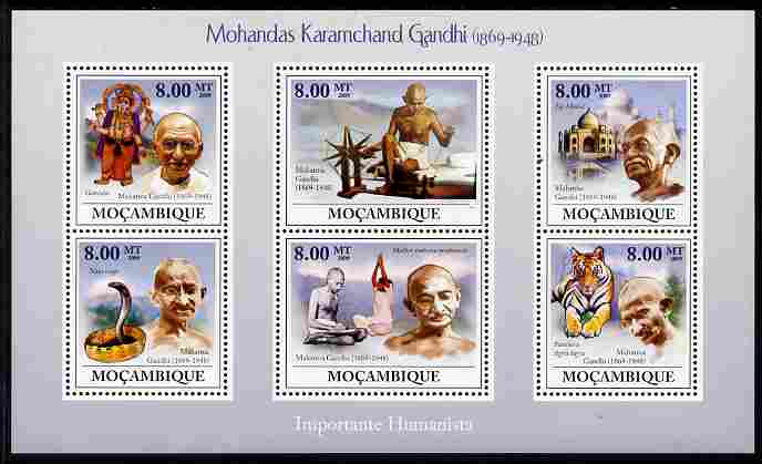Mozambique 2009 Mahatma Gandhi perf sheetlet containing 6 values unmounted mint Michel 3294-99, stamps on personalities, stamps on gandhi, stamps on constitutions, stamps on spinning, stamps on textiles, stamps on snakes, stamps on tigers, stamps on 