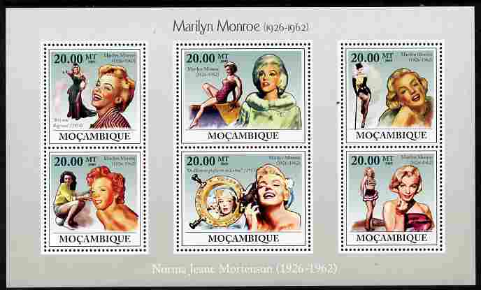 Mozambique 2009 Marilyn Monroe perf sheetlet containing 6 values unmounted mint Michel 3336-41, stamps on , stamps on  stamps on personalities, stamps on  stamps on films, stamps on  stamps on cinema, stamps on  stamps on movies, stamps on  stamps on music, stamps on  stamps on marilyn, stamps on  stamps on monroe