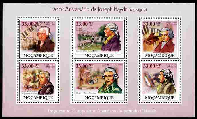 Mozambique 2009 200th Death Anniversary of Joseph Haydn perf sheetlet containing 6 values unmounted mint Michel 3392-97, stamps on personalities, stamps on music, stamps on composers