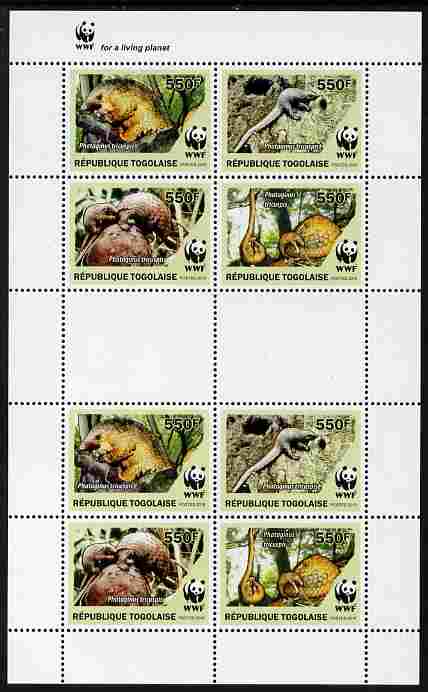 Togo 2010 WWF - Pangolins - Phataginus tricuspis perf sheetlet containing 2 x sets of 4 vaues unmounted mint, stamps on animals, stamps on  wwf , stamps on pangolins