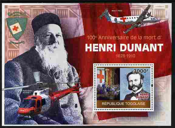 Togo 2010 Death Centenary of Henry Dunant perf m/sheet unmounted mint Michel BL 514, stamps on personalities, stamps on dunant, stamps on red cross, stamps on aviation, stamps on helicopters, stamps on ambulances