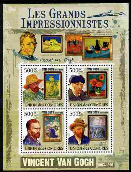 Comoro Islands 2009 Impressionists - Van Gogh perf sheetlet containing 4 values unmounted mint Michel 2592-95, stamps on personalities, stamps on arts, stamps on impressionists, stamps on van gogh