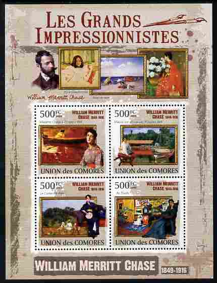 Comoro Islands 2009 Impressionists - William Merrit Chase perf sheetlet containing 4 values unmounted mint Michel 2564-67, stamps on personalities, stamps on arts, stamps on impressionists, stamps on chase