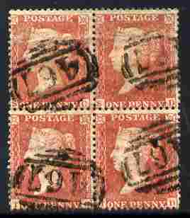 Great Britain 1854-57 QV 1d red block of 4 good used cat 0, stamps on 