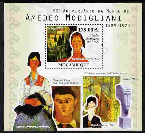 Mozambique 2010 90th Death Anniversary of Amedeo Modigliani perf s/sheet unmounted mint , stamps on personalities, stamps on arts, stamps on modigliani