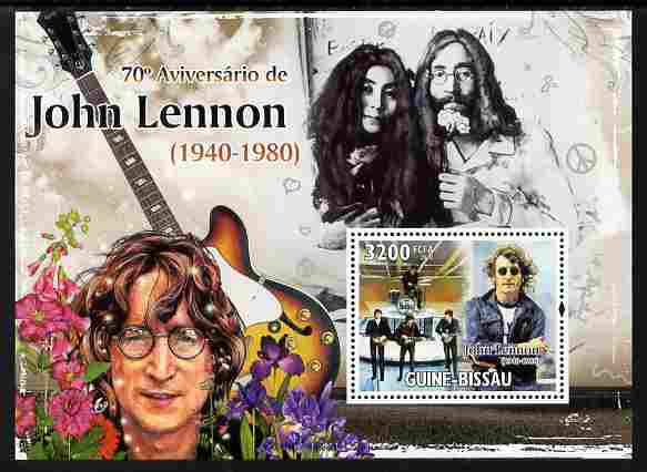 Guinea - Bissau 2010  70th Birth Anniversary of John Lennon perf s/sheet unmounted mint , stamps on personalities, stamps on music, stamps on beatles, stamps on pops, stamps on rock