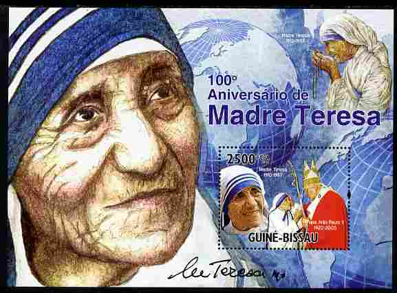 Guinea - Bissau 2010 Mother Teresa #1 with Pope perf s/sheet unmounted mint , stamps on personalities, stamps on women, stamps on human rights, stamps on peace, stamps on nobel, stamps on teresa, stamps on pope