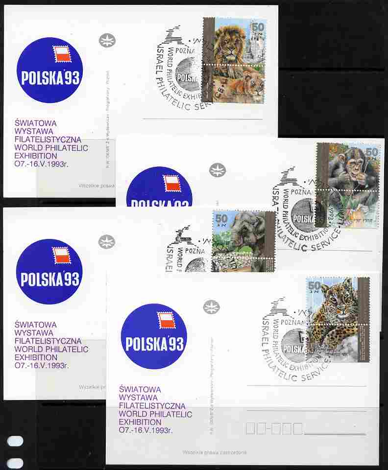 Postmark - Israel 1992 Zoo Animals set of 4 with tabs each on separate card for Polska '93 with special Exhibition cancellation, only a few sets were so produced, as SG 1177-80, stamps on , stamps on  stamps on animals, stamps on  stamps on judaica, stamps on  stamps on judaism, stamps on  stamps on zoos, stamps on  stamps on stamp exhibitions, stamps on  stamps on cats, stamps on  stamps on elephants, stamps on  stamps on apes, stamps on  stamps on lions