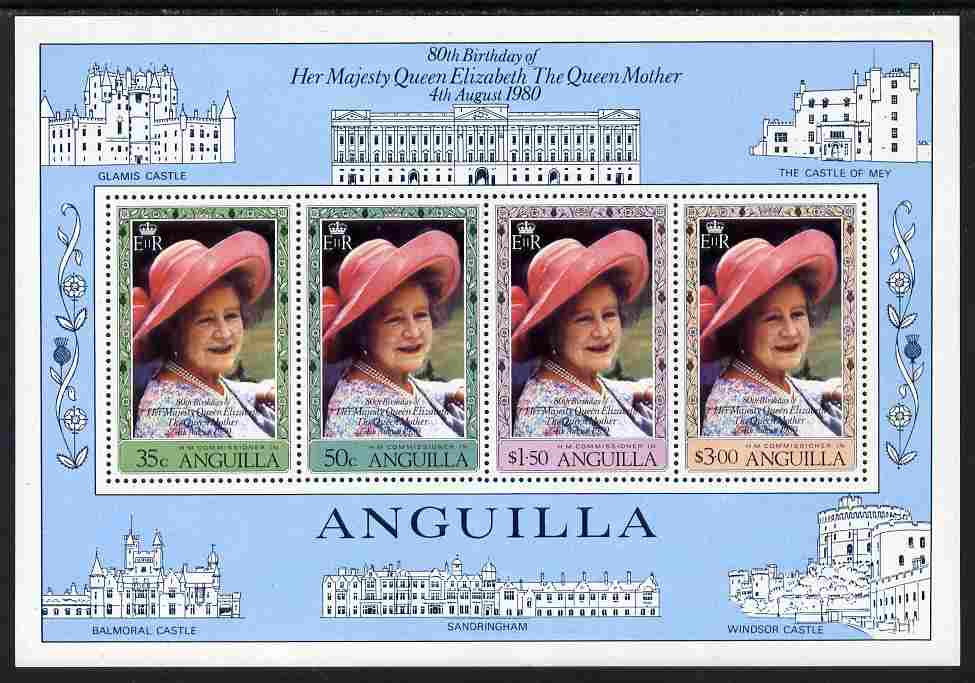 Anguilla 1980 Queen Mother's 80th Birthday perf m/sheet unmounted mint SG MS 415, stamps on royalty, stamps on queen mother