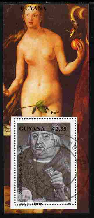Guyana 1990 Eve and Tassis by Durer (500th Anniversary) perf m/sheet fine cto used, stamps on arts, stamps on durer, stamps on nudes