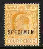 Bahamas 1902-10 KE7 4d overprinted SPECIMEN fresh with gum but vert crease SG 44s (only about 750 produced), stamps on specimen