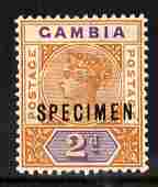 Gambia 1898-1902 QV Key Plate 2d Crown CA overprinted SPECIMEN fresh with gum SG 39s (only about 750 produced), stamps on specimen