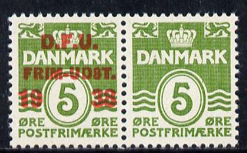 Denmark 1938 10th Danish Philatelic Exhibition, se-tenant pair, one without overprint unmounted mint, Scott #263, stamps on postal